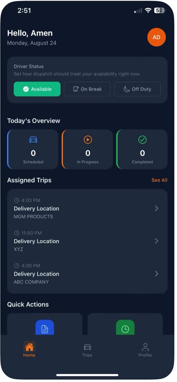 Driver Mobile App Interface